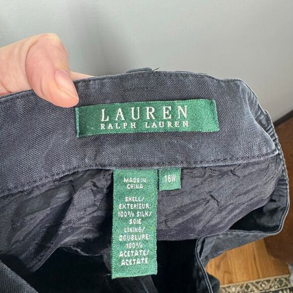 Lauren Ralph Lauren Pants Women 16W Black Wide Leg 100% Silk Trouser Pocket Gray - Picture 5 of 6